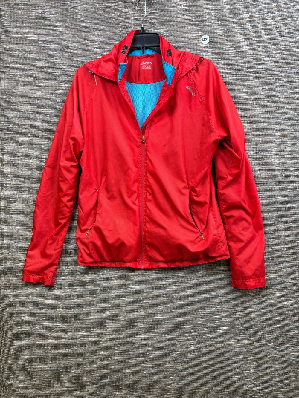 ASICS Jacket Womens Large Red Hooded Full Zip Running Reflective LED Windbreaker